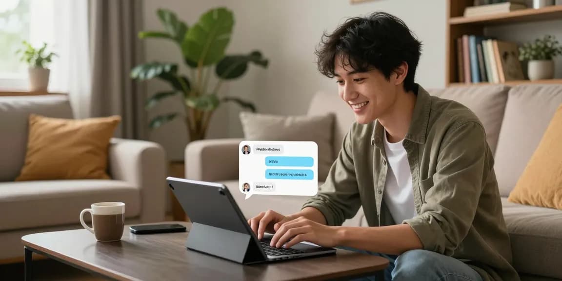 Exciting interaction with spicy chat ai in a cozy living room, featuring a user engaged with a lively AI chatbot on a tablet.