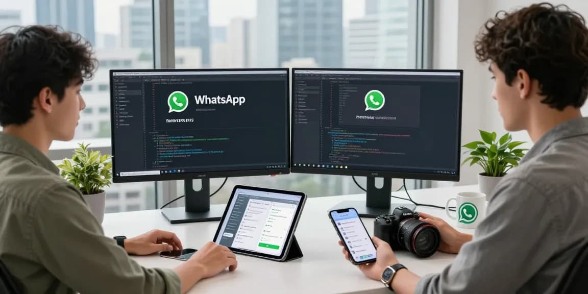 Explore WhatsApp下載 in a modern tech workspace with app development elements and vibrant atmosphere.