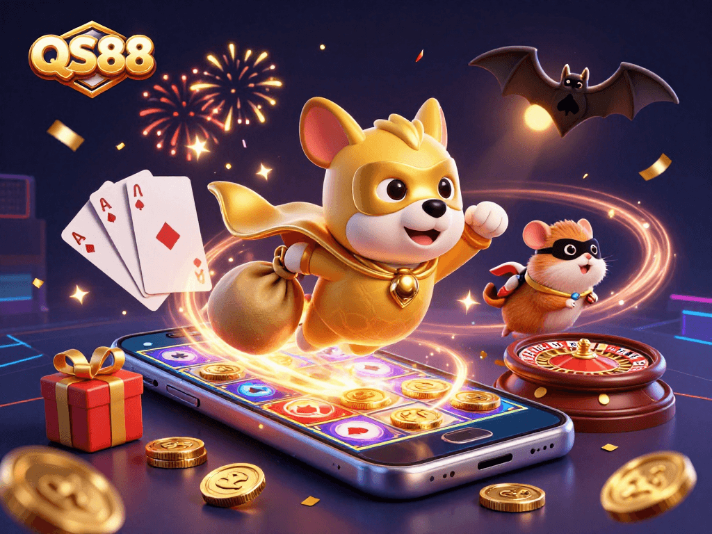 Engage with QS88 by flying through a colorful casino scene with vibrant slot games and playful characters.
