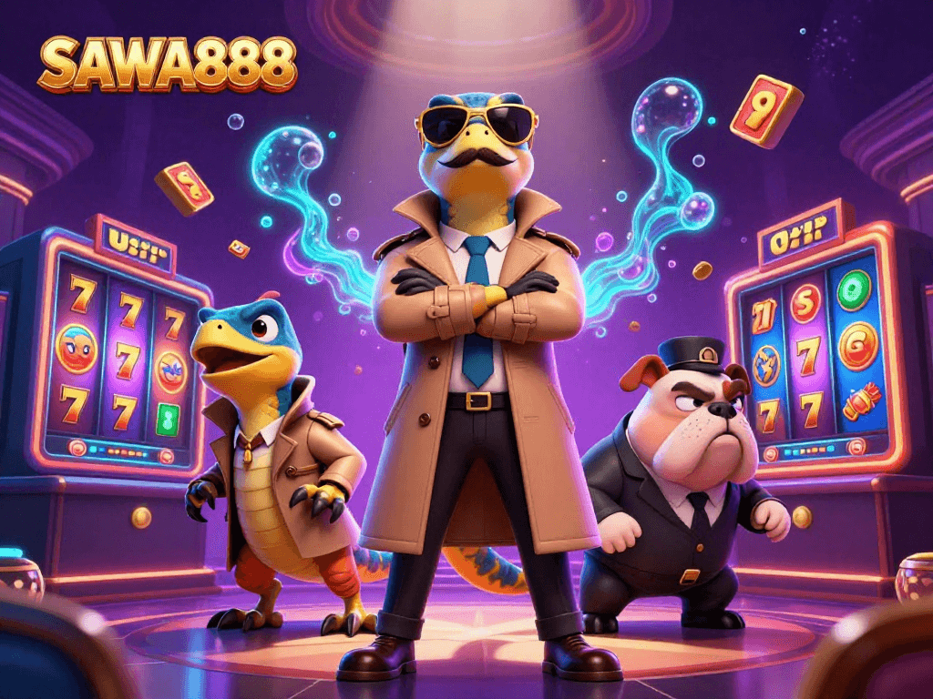 Experience the excitement of SAWA888 with raptors in a trench coat entering a casino, surrounded by dynamic slot elements.