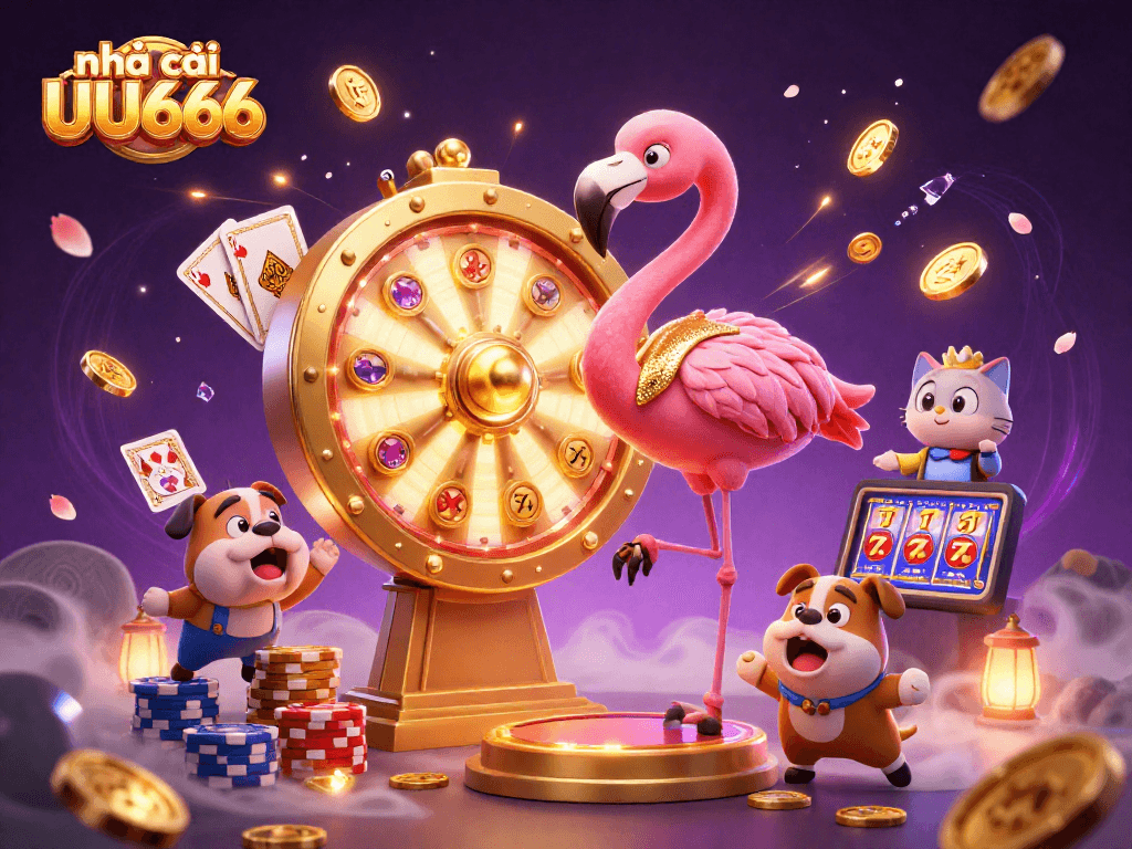 Experience the excitement at nhà cái UU666 with vibrant casino game characters and golden prize elements.