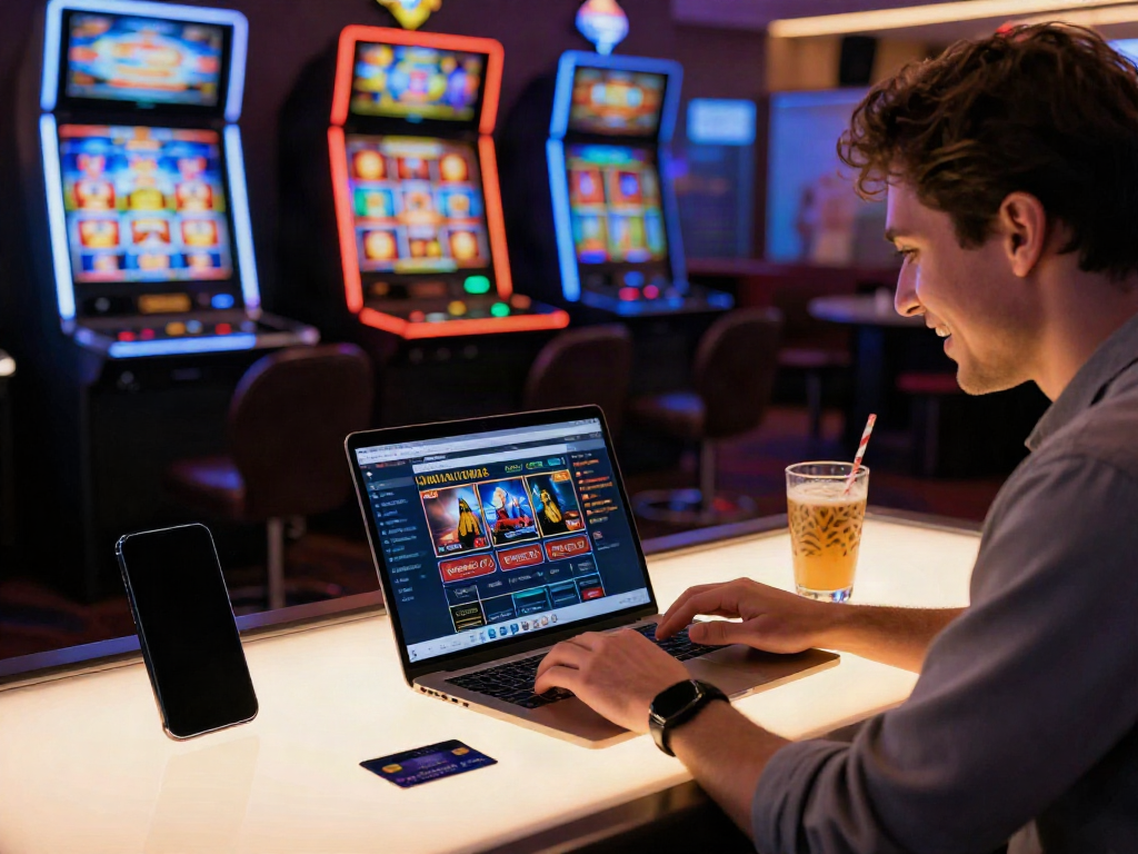 Player enjoying online casinos that accept credit card at a modern setup with lively virtual gaming elements.