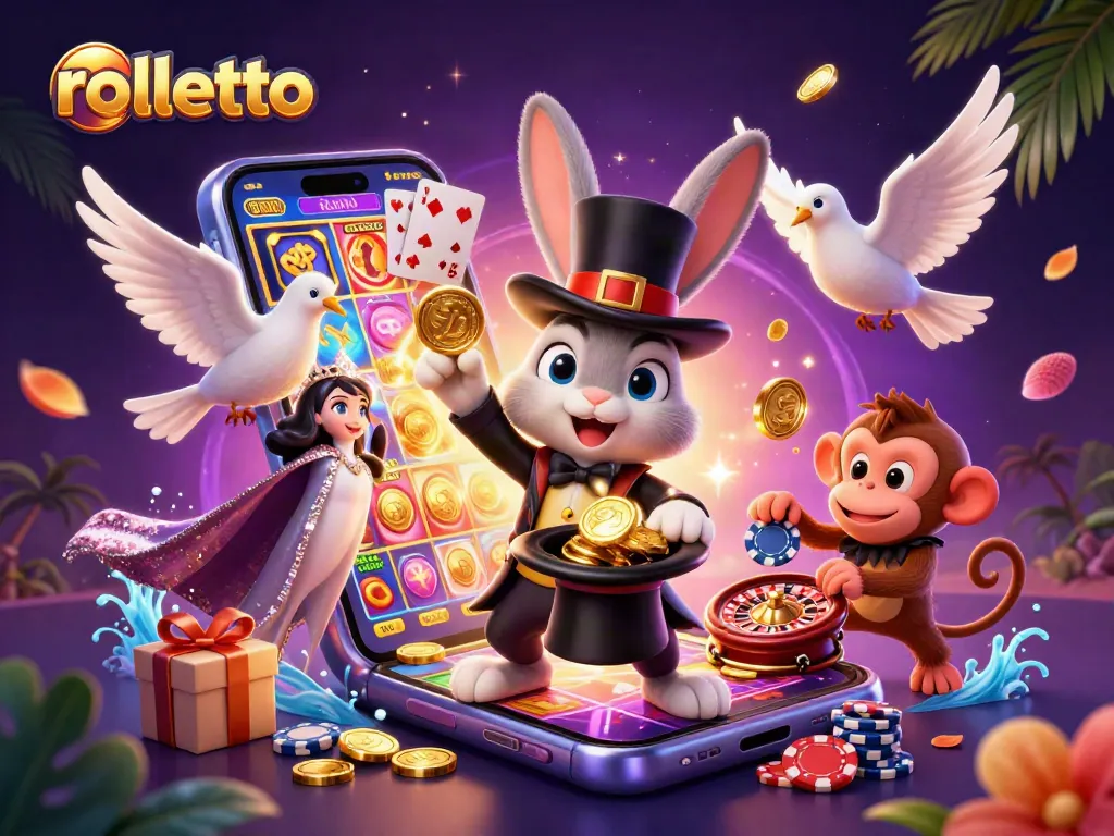 rolletto's magician rabbit conjures golden coins in a vibrant casino scene filled with excitement