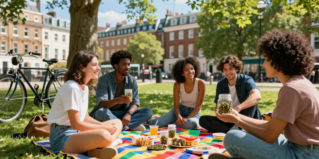 Weed in London picnic scene with friends enjoying cannabis products.