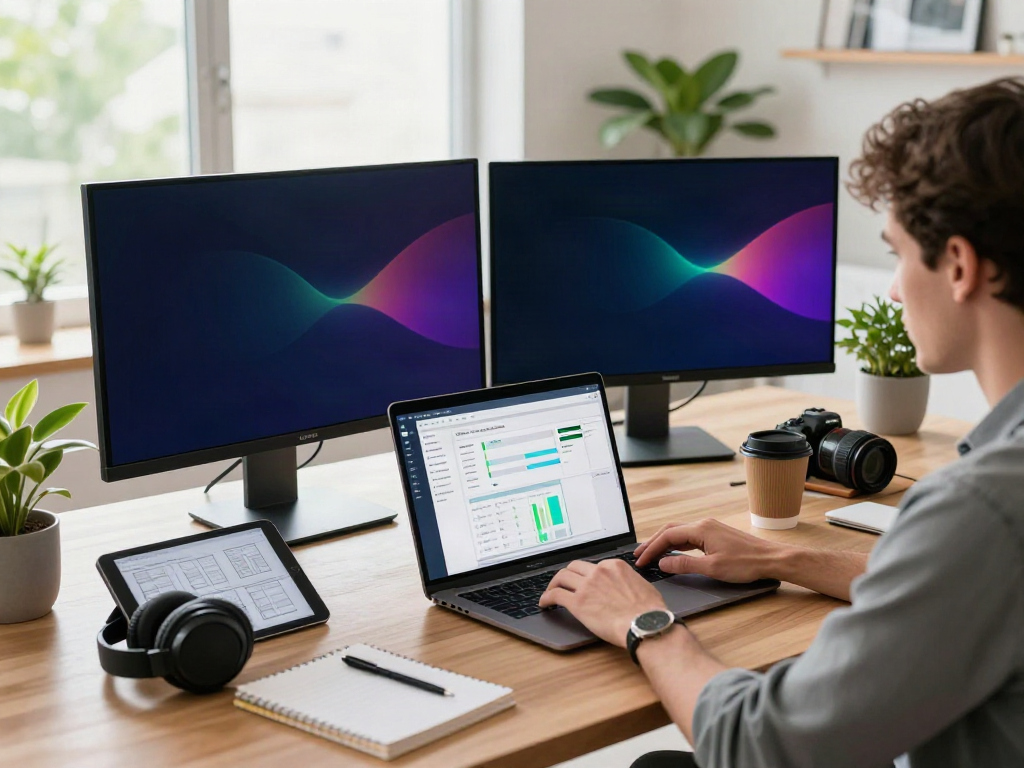 Workspace with content creator optimizing instant indexing tools and SEO analytics on multiple screens.