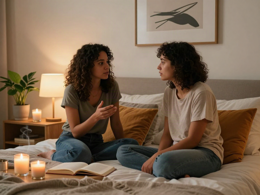 Couple discussing feelings and intimacy in a cozy bedroom, exploring the concept of sex ai.