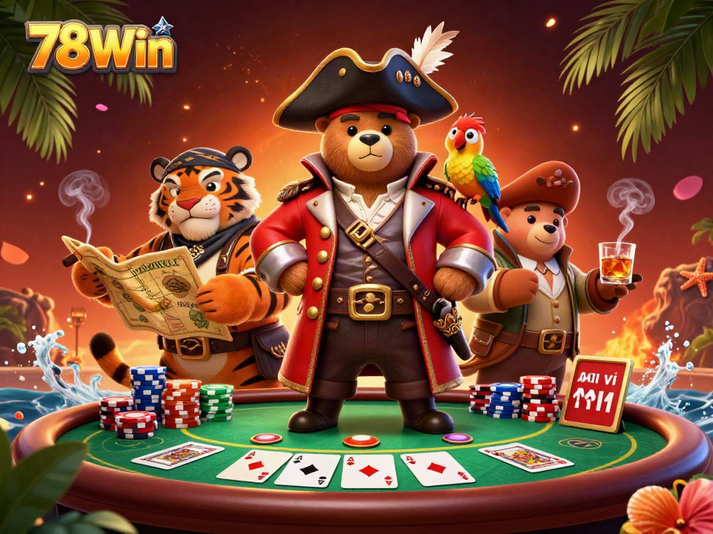 Bet big with 78Win in this vibrant 3D pirate-themed poker scene featuring dynamic game elements.