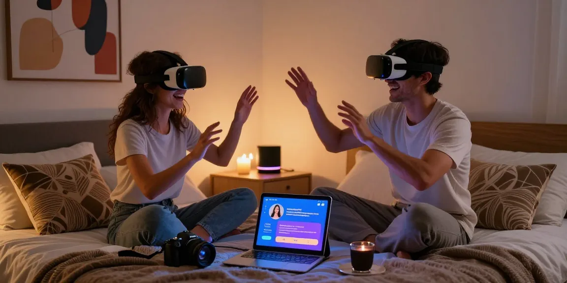 Couple exploring sex AI through virtual reality in a cozy bedroom.