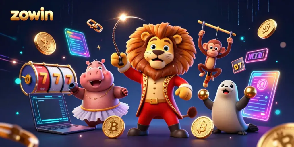 Experience the excitement of zowin's casino thrills with vibrant 3D cartoon characters amidst animated gaming elements.