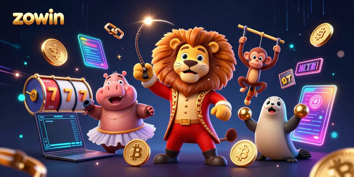 Experience the excitement of zowin's casino thrills with vibrant 3D cartoon characters amidst animated gaming elements.