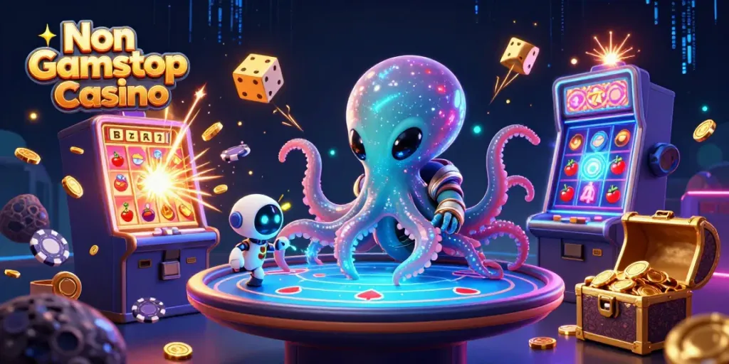 Exciting scene of a Non Gamstop Casino with alien octopus and poker elements, showcasing vibrant games and fun.