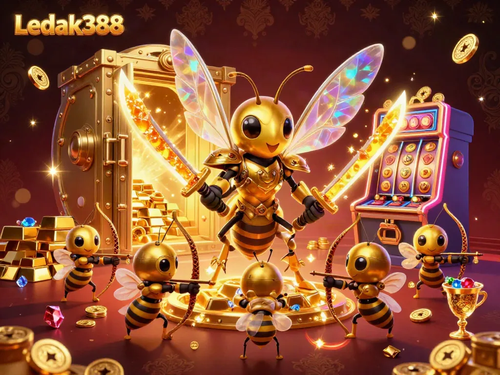 Experience thrilling wins on Ledak388 with a vibrant 3D illustration of a golden hornet and slot machine, bringing a rich casino atmosphere.