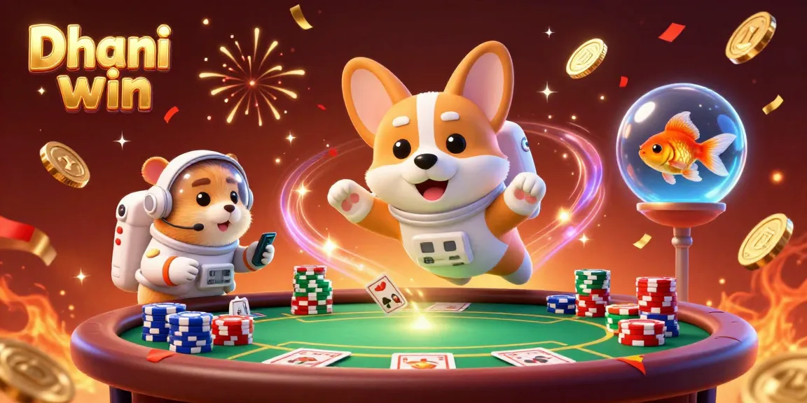 Dhani win offers exciting casino gameplay with a 3D cartoon scene of an astronaut corgi and friends in zero gravity.