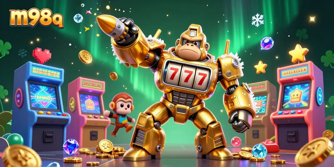 Engage with the thrilling m98 q experience featuring a golden gorilla mech in a vibrant casino setting.