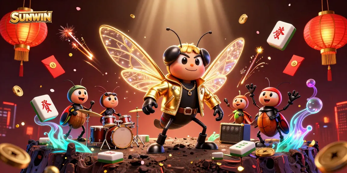 SUNWIN illustrates a vibrant casino scene with a rock star cicada, drummer beetle, and gaming elements