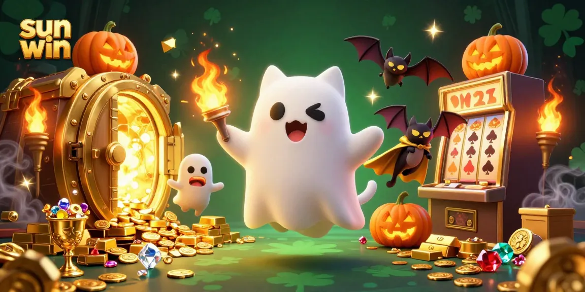 Win big with sun win while a playful ghost cat haunts a lively casino scene.