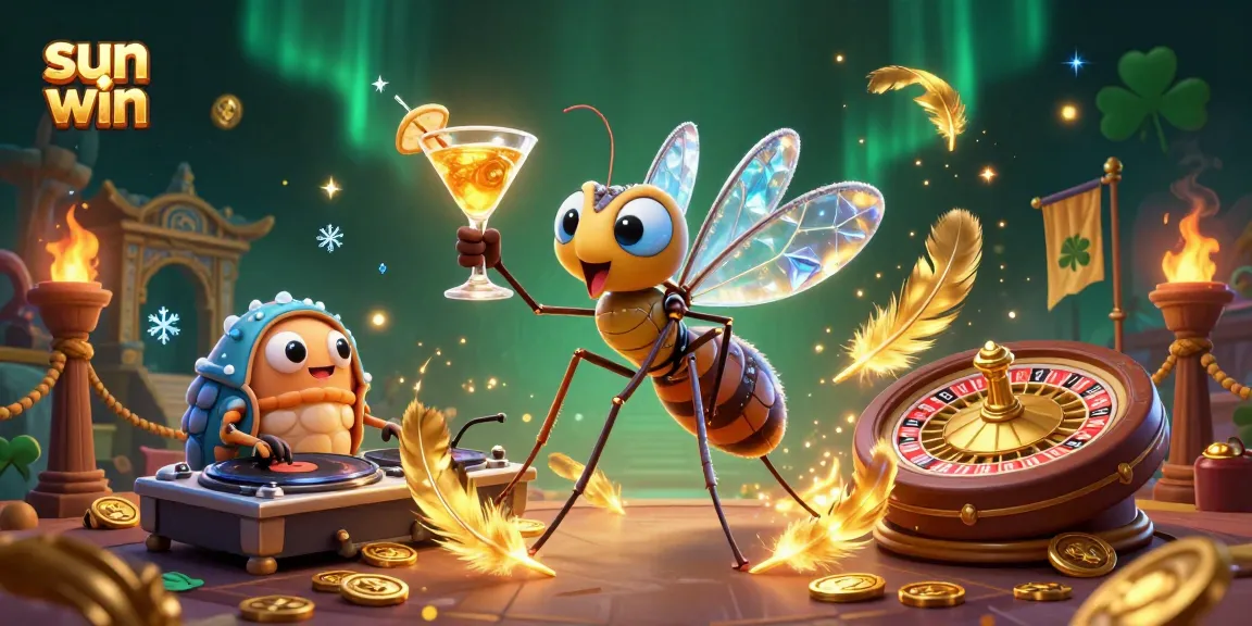 Experience thrilling moments with sun win as the frozen mosquito mascot and trilobite DJ entertain in a vibrant casino scene.