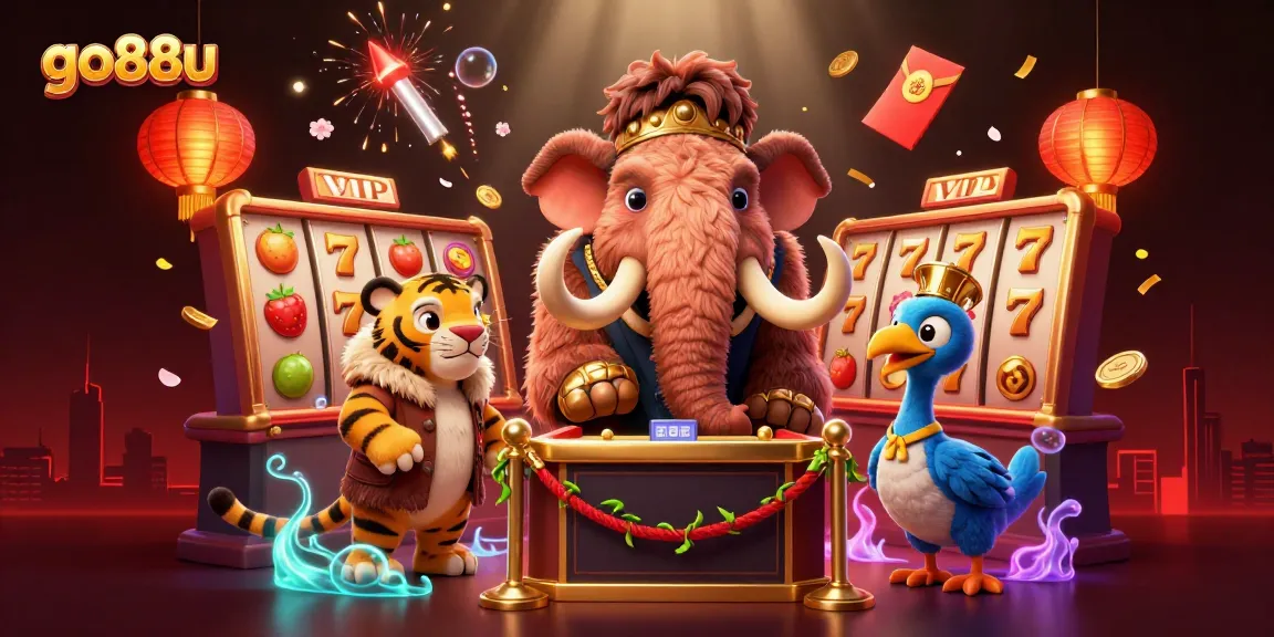 Engage with go88u’s vibrant casino scene featuring a mammoth bouncer, VIP saber-tooth tiger, and dynamic slot reels.
