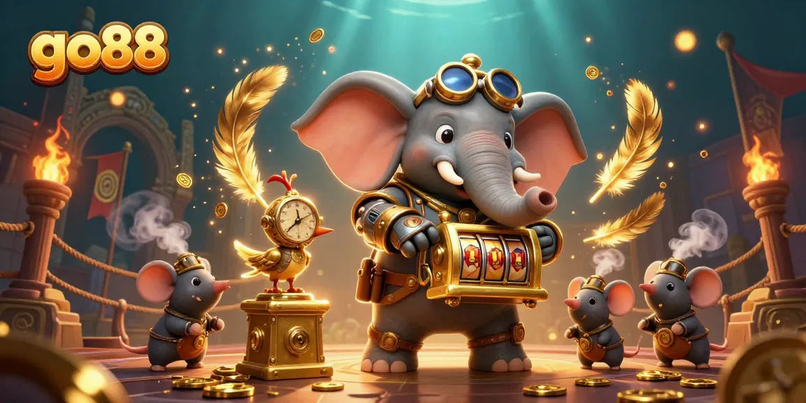 Spin and win at go88, a vibrant 3D scene showcasing a steampunk elephant with a golden slot machine.