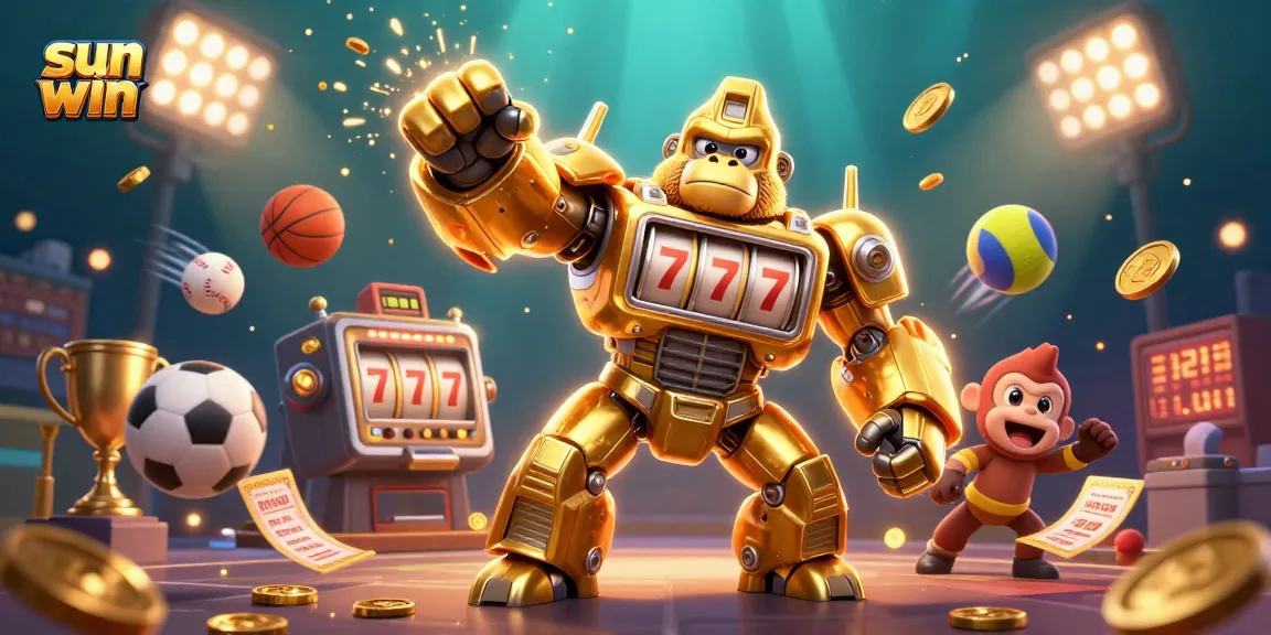 Sun Win dynamic illustration showcasing a golden gorilla mech among sports elements, symbolizing thrilling gaming.